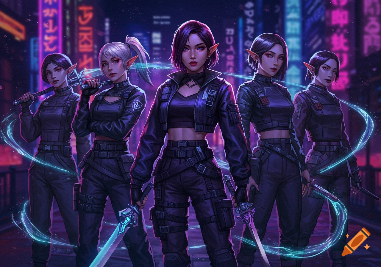 Five female elf warriors in tactical gear hold glowing swords on a neon-lit cyberpunk city street.