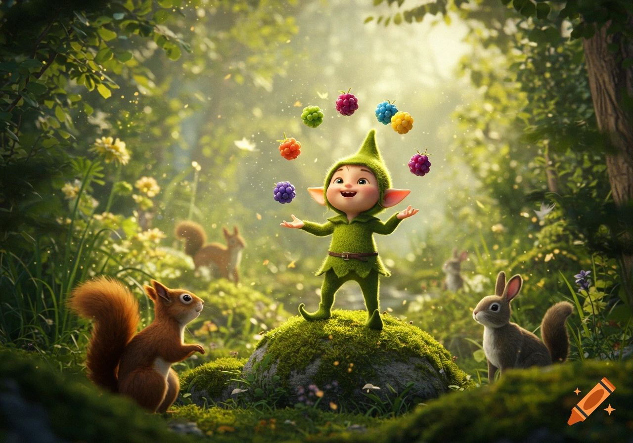 A cute, green elf-like creature juggles colorful berries in a magical forest, while a squirrel and rabbit watch from the ground.