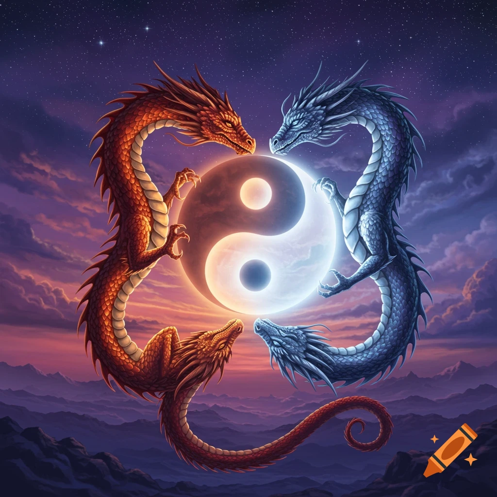 A vibrant fantasy image of an orange-red dragon and a blue-grey dragon entwined around a glowing yin-yang symbol against a starry twilight sky with mountains.
