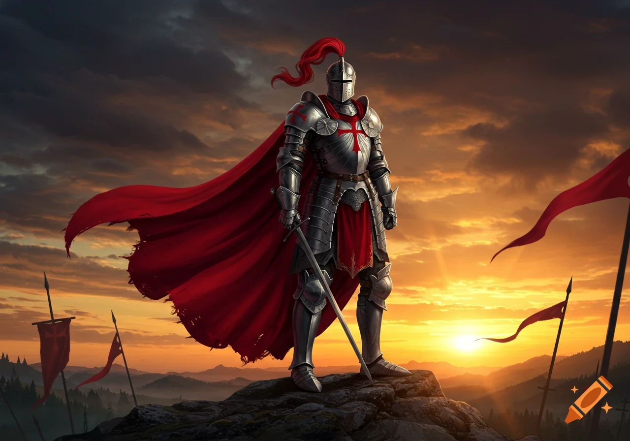 A knight in full silver armor and a flowing red cape stands on a rocky outcrop, holding a sword, against a dramatic sunset sky.