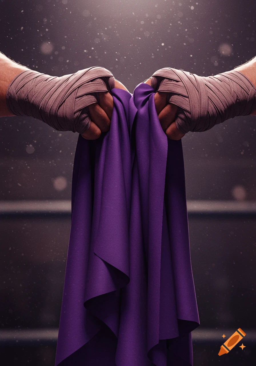 Close-up photorealistic shot of two wrapped fighter's hands holding a purple cloth.