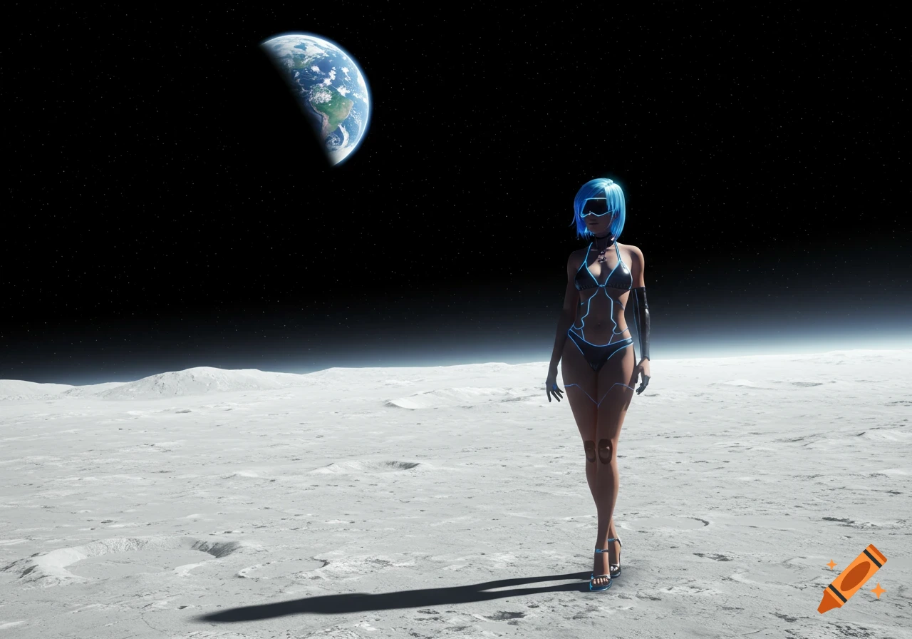 A woman resembling Lucy from Cyberpunk Edgerunners, wearing a glowing bikini, stands on the moon's surface with Earth visible in the dark sky.