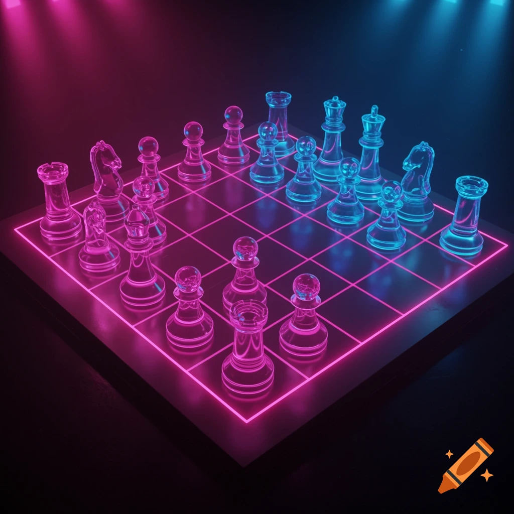 A chessboard with glowing pink and blue glass chess pieces under neon lights, viewed from above.