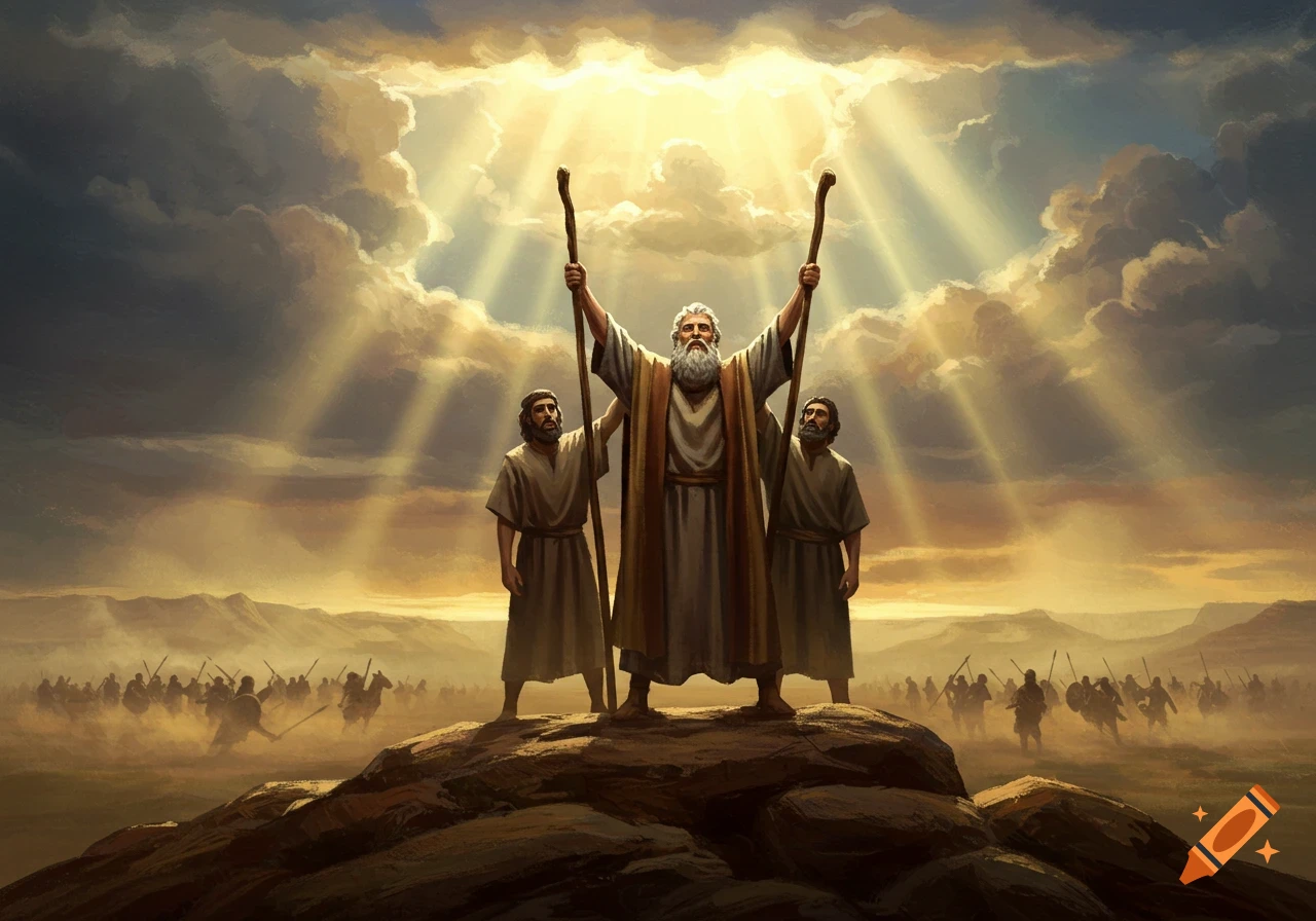 Moses raises staff, flanked by Aaron and Hur, on a rocky hill under divine light. A battle rages in the distant valley, in a dramatic, illustrative style.