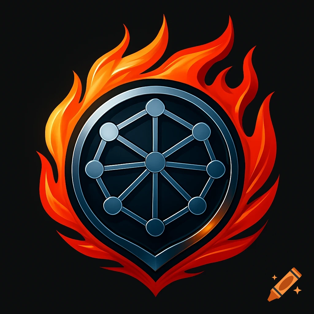 A stylized logo featuring a metallic network symbol with nodes and lines, surrounded by vibrant orange and red flames, on a black background.