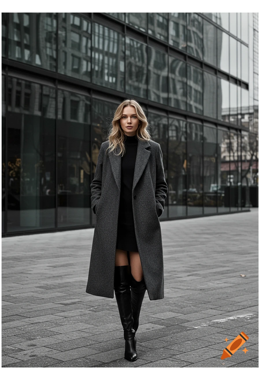 A tall blonde woman in a grey coat and black boots stands on a paved street in front of a modern glass building, photorealistic.