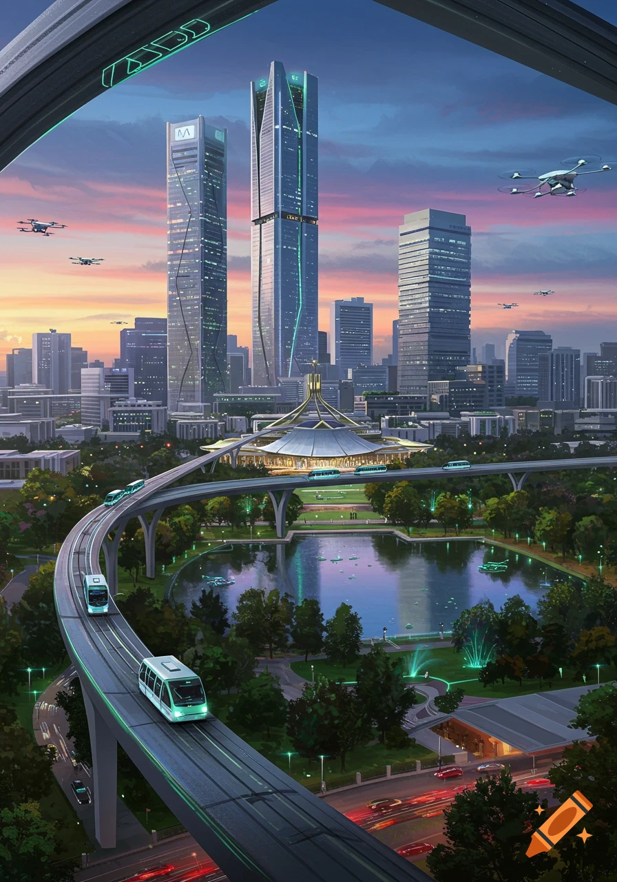 A vibrant futuristic cityscape at sunset with tall buildings, elevated monorails, flying drones, and a central park with a lake.