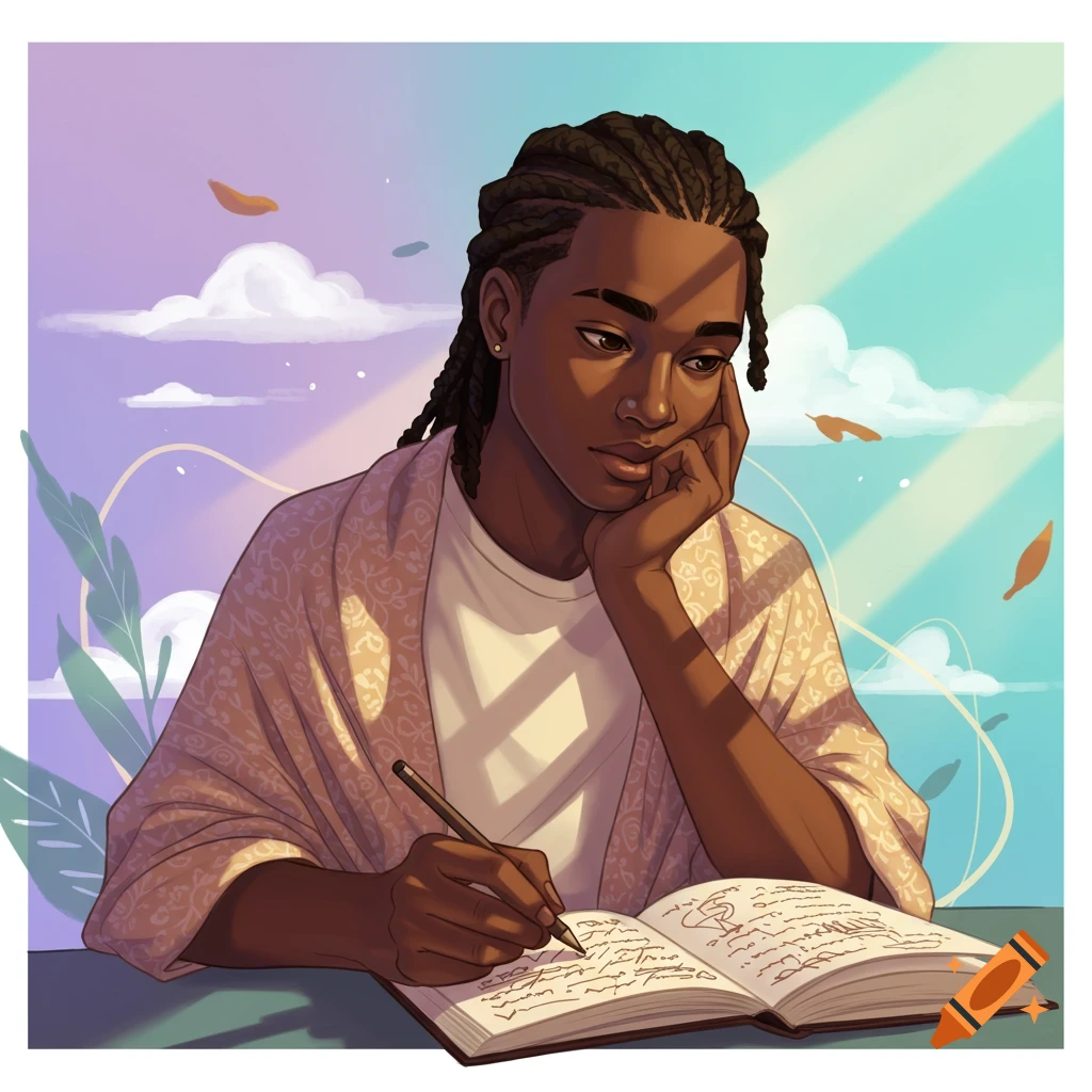 An illustrated portrait of a young person with braided hair journaling in a book, bathed in sunlight against a pastel sky background.
