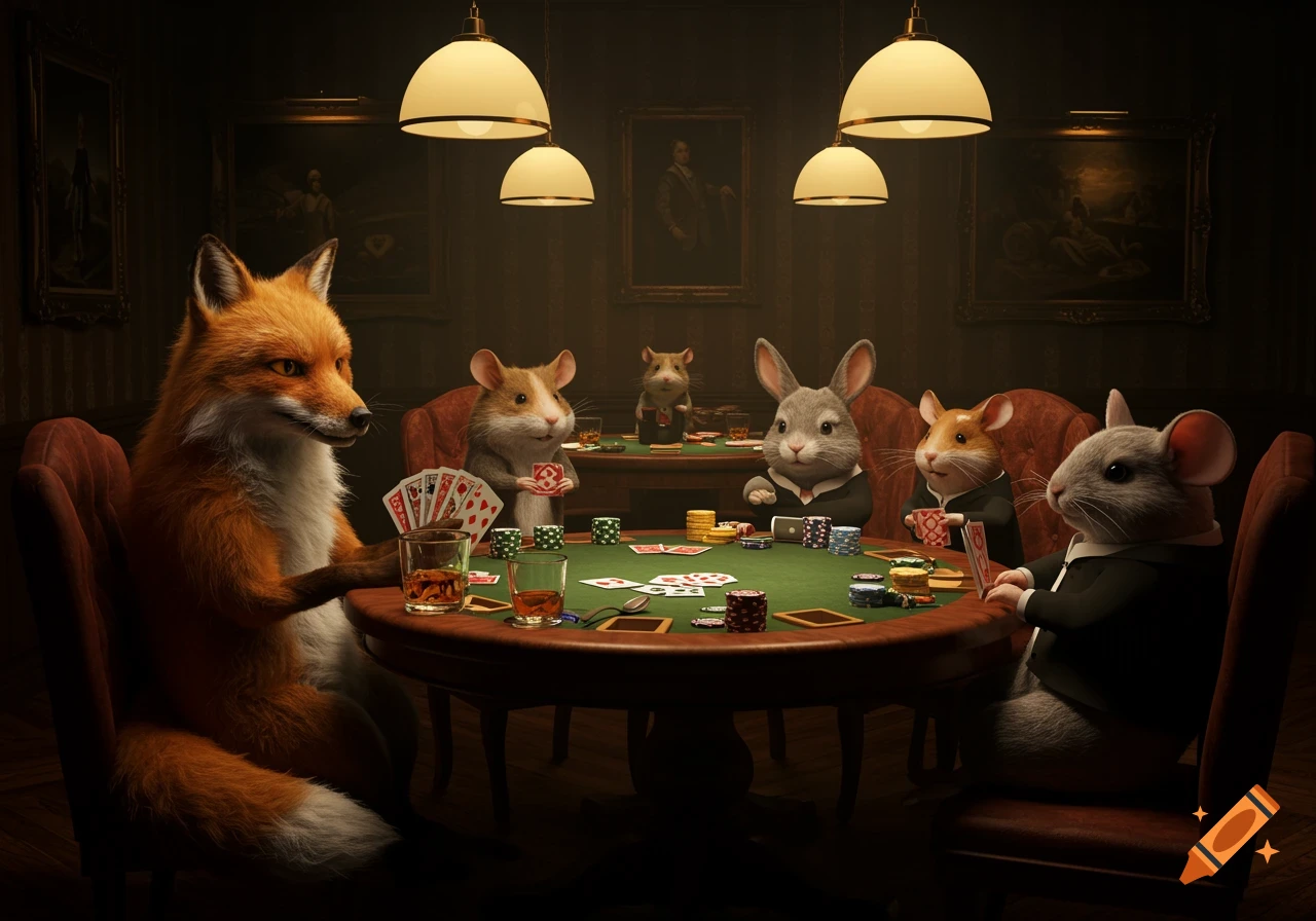 Photorealistic image of anthropomorphic animals, including a fox, hamsters, rabbits, and mice, playing poker at a table in a dimly lit room with paintings on the walls.