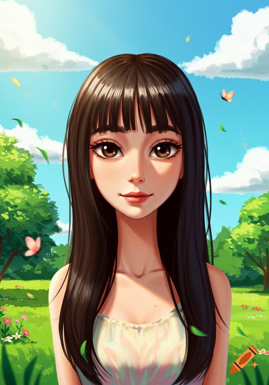 Cartoon portrait of a woman with long dark brown hair and bangs, brown eyes, smiling, in a white dress in a sunny park with trees and butterflies.