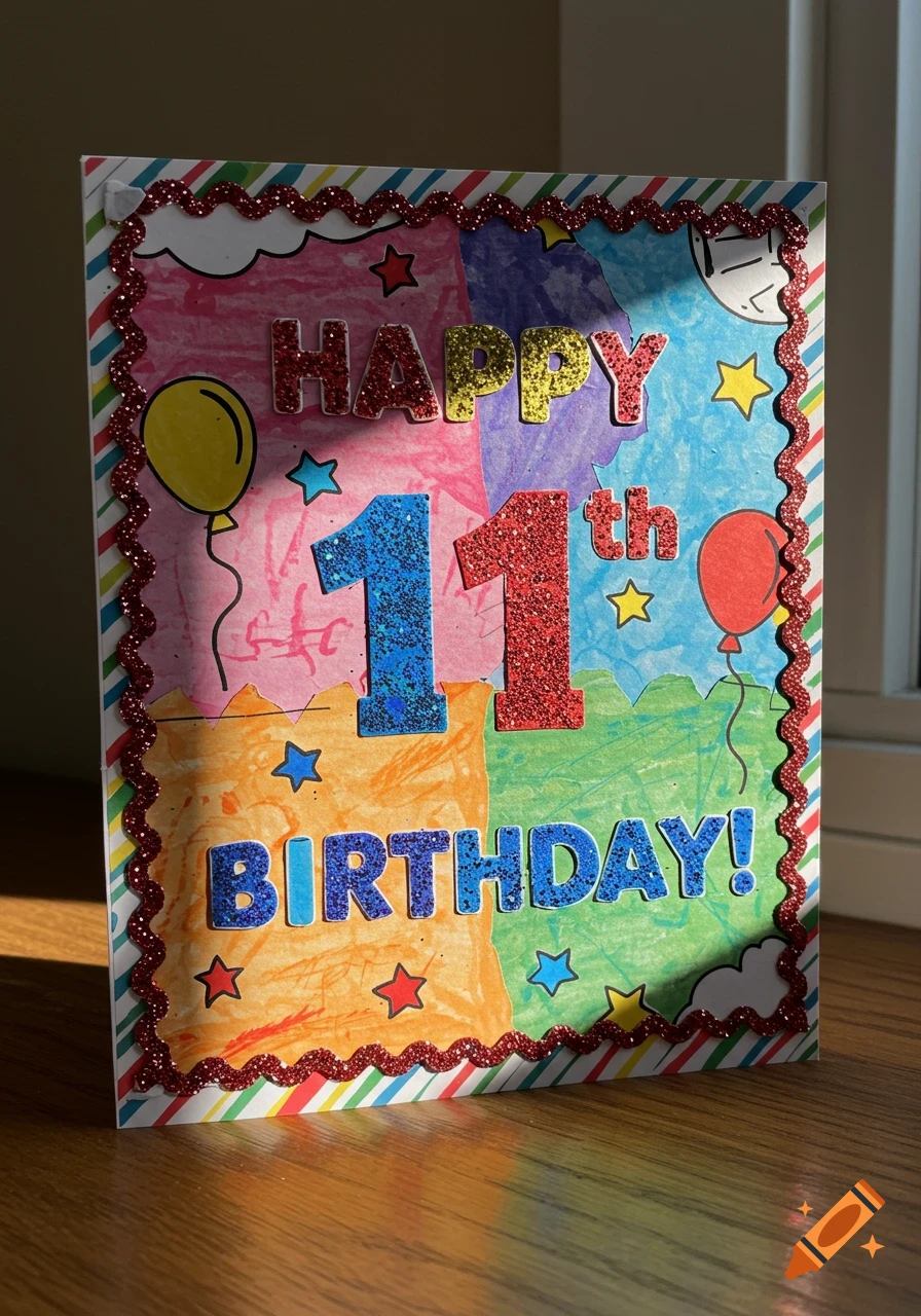 A colorful handmade 11th birthday card with glitter letters, balloons, and stars.