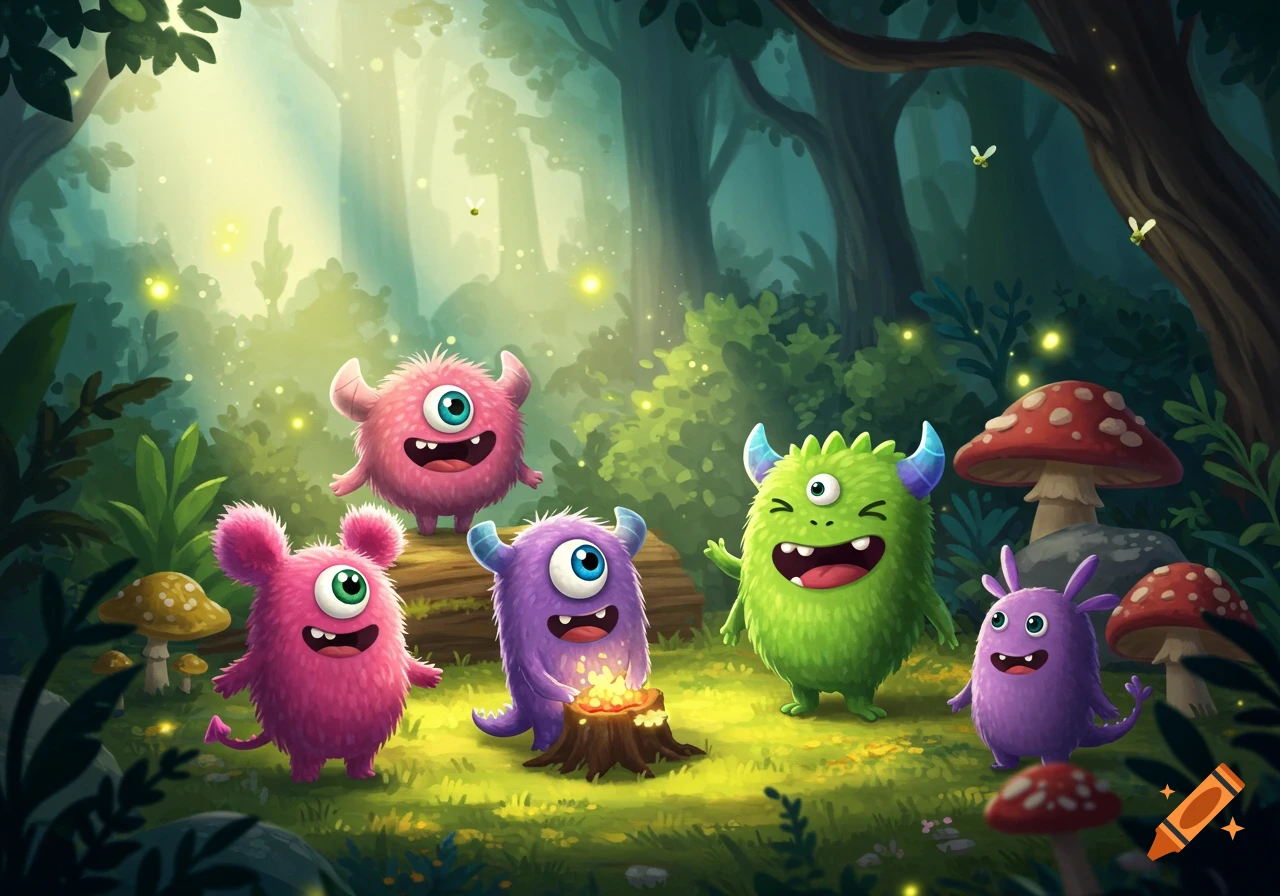Five colorful, furry monsters gathered around a small campfire in an enchanted forest with glowing fireflies and mushrooms.