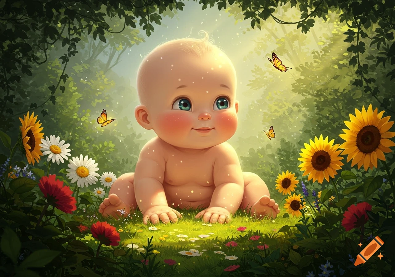 A whimsical baby sits smiling in a lush forest clearing, surrounded by colorful flowers and butterflies under a magical glow.