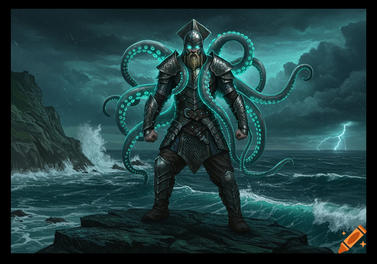 A powerful Viking-like warrior in detailed armor with glowing teal squid tentacles emerging from his back, standing on a stormy cliff overlooking a turbulent sea.