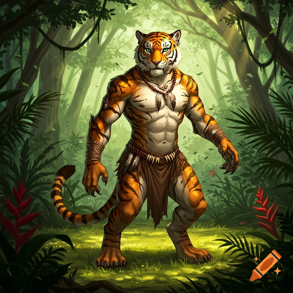 A muscular anthropomorphic tiger wearing tribal adornments stands in a lush jungle.