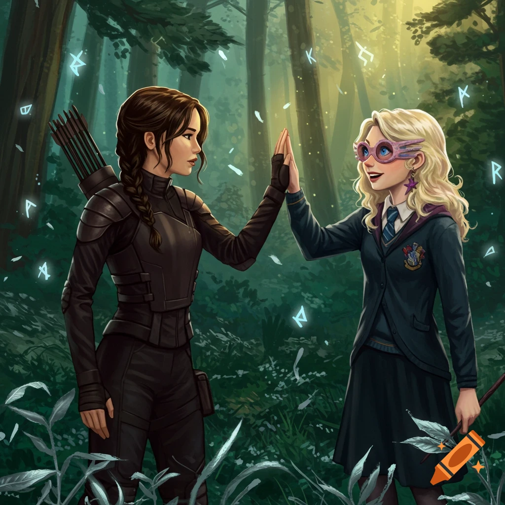 An illustration of Katniss Everdeen from The Hunger Games and Luna Lovegood from Harry Potter high-fiving in a magical forest.