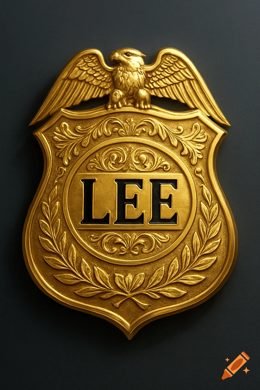 A detailed gold law enforcement badge with an eagle at the top and the name 'LEE' inscribed in the center.