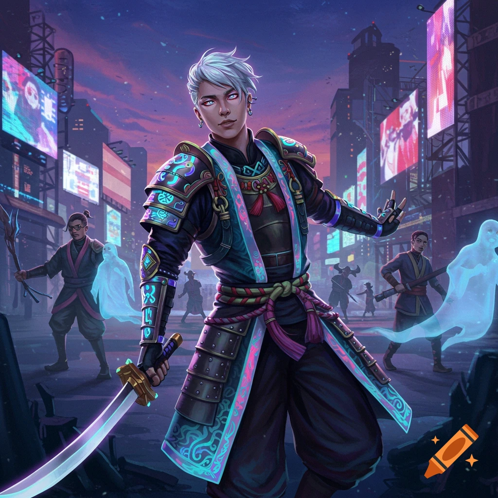 A white-haired samurai-like figure with glowing eyes and futuristic armor stands with a sword in a neon-lit cyberpunk city at dusk, surrounded by other figures and ethereal beings.