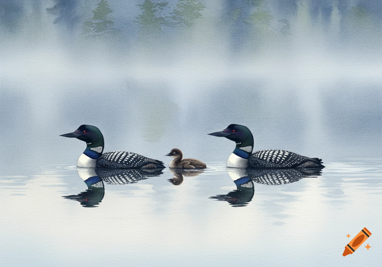 A watercolor painting of two adult loons and a young loon swimming on calm water.