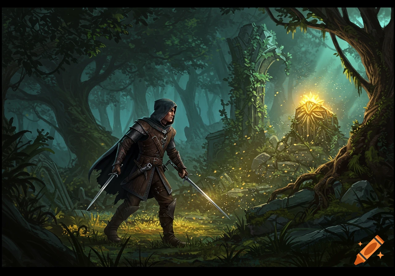A hooded ranger with two swords walks through a mystical, overgrown forest towards a glowing ancient ruin.