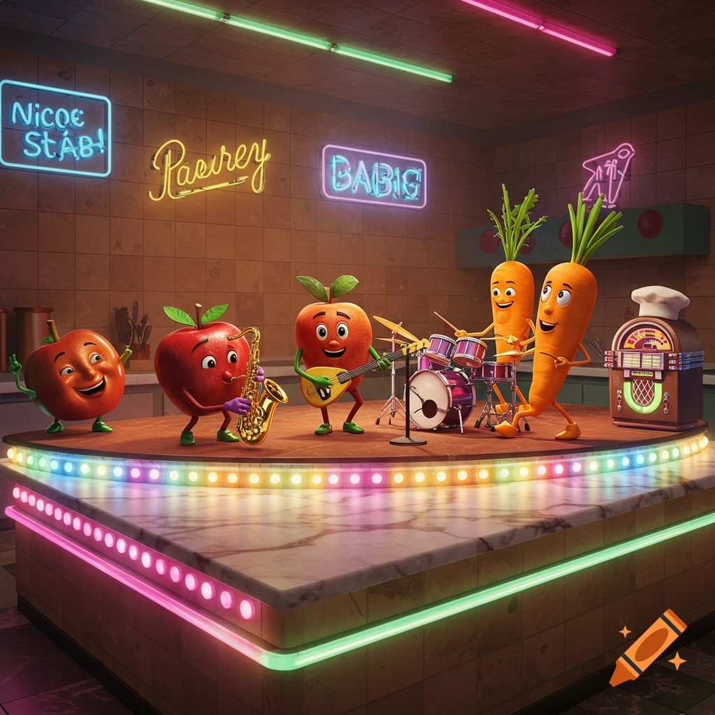 Anthropomorphic fruits, including apples and carrots, play musical instruments on a lit stage with neon signs in a diner-like setting.