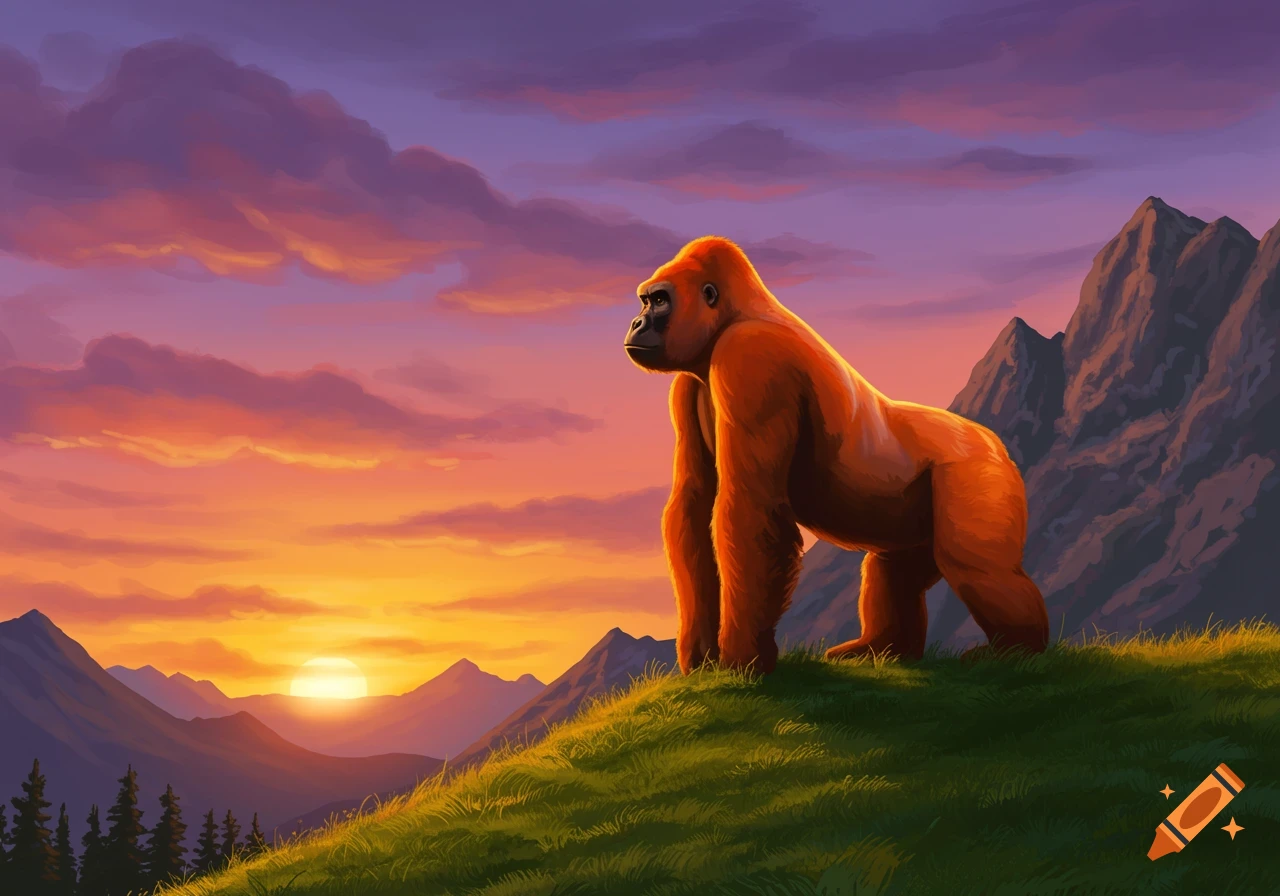 An orange gorilla stands on a grassy hill overlooking a mountain range at sunset.