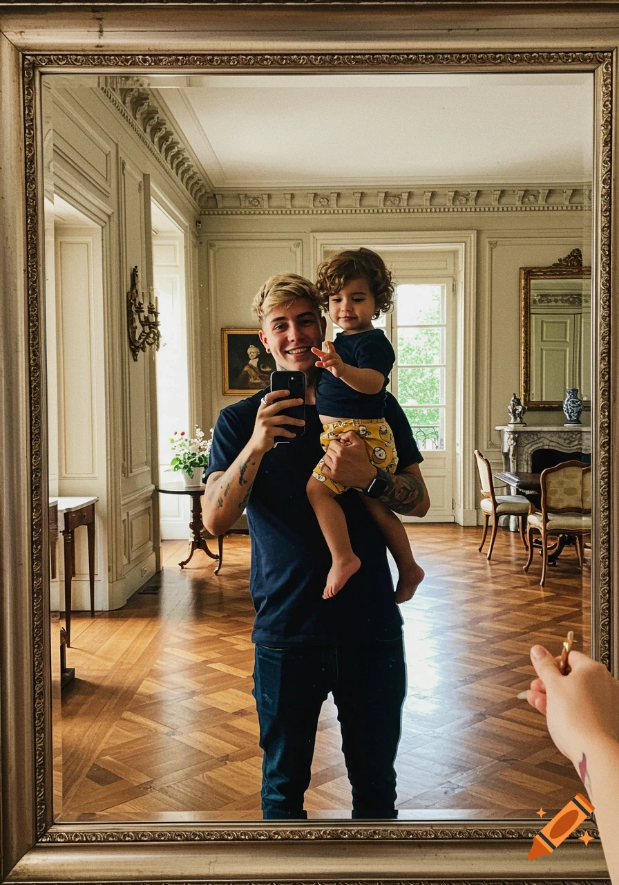 A young man with light hair and arm tattoos holds a child with curly hair in a mirror selfie inside a grand mansion room.