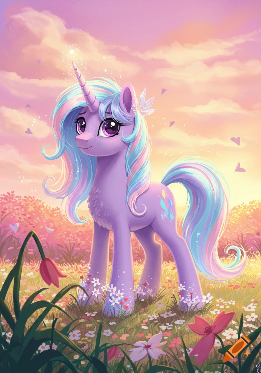 A purple unicorn with a pastel rainbow mane stands in a field of colorful flowers under a pink and purple sunset sky.