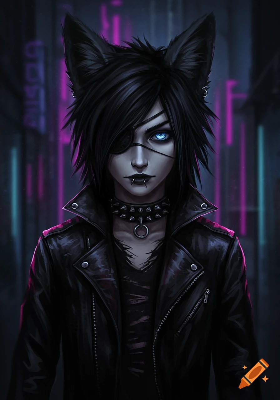 An androgynous character with black fox ears, an eyepatch, and a glowing blue eye, dressed in a black leather jacket and spiked choker, stands against a dark, neon-lit background.