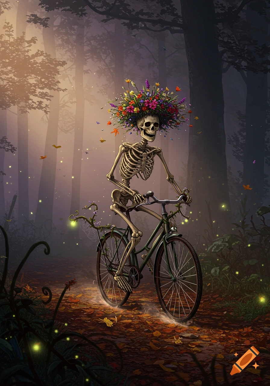 A whimsical skeleton wearing a floral crown rides a bicycle through a misty, dark forest with glowing fireflies.