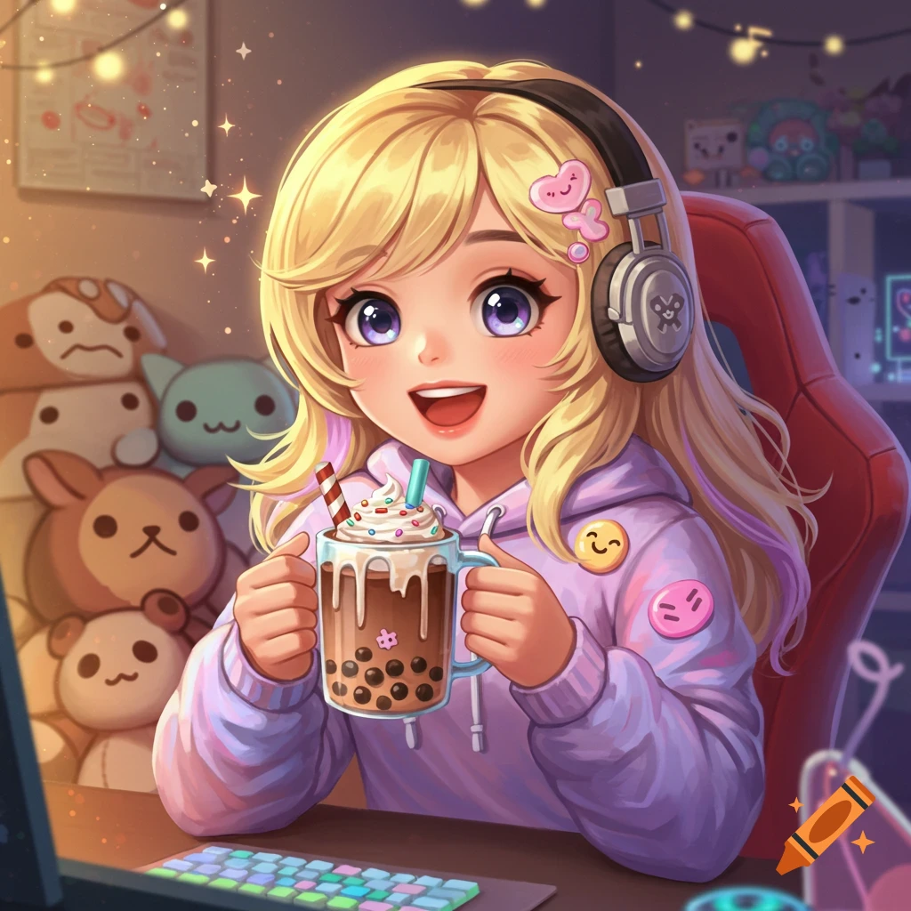 Smiling blonde anime girl in headphones holding a boba tea in a cozy gaming room with plushies.
