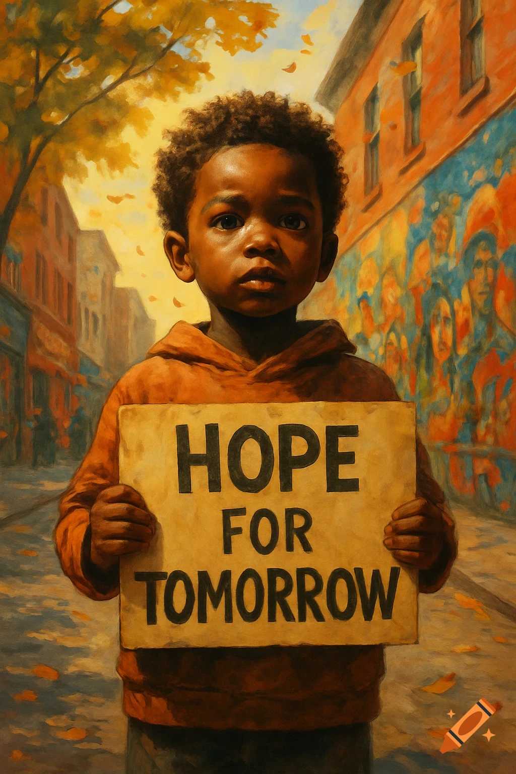 Painting of a young Black child holding a 'Hope for Tomorrow' sign on an autumn street.