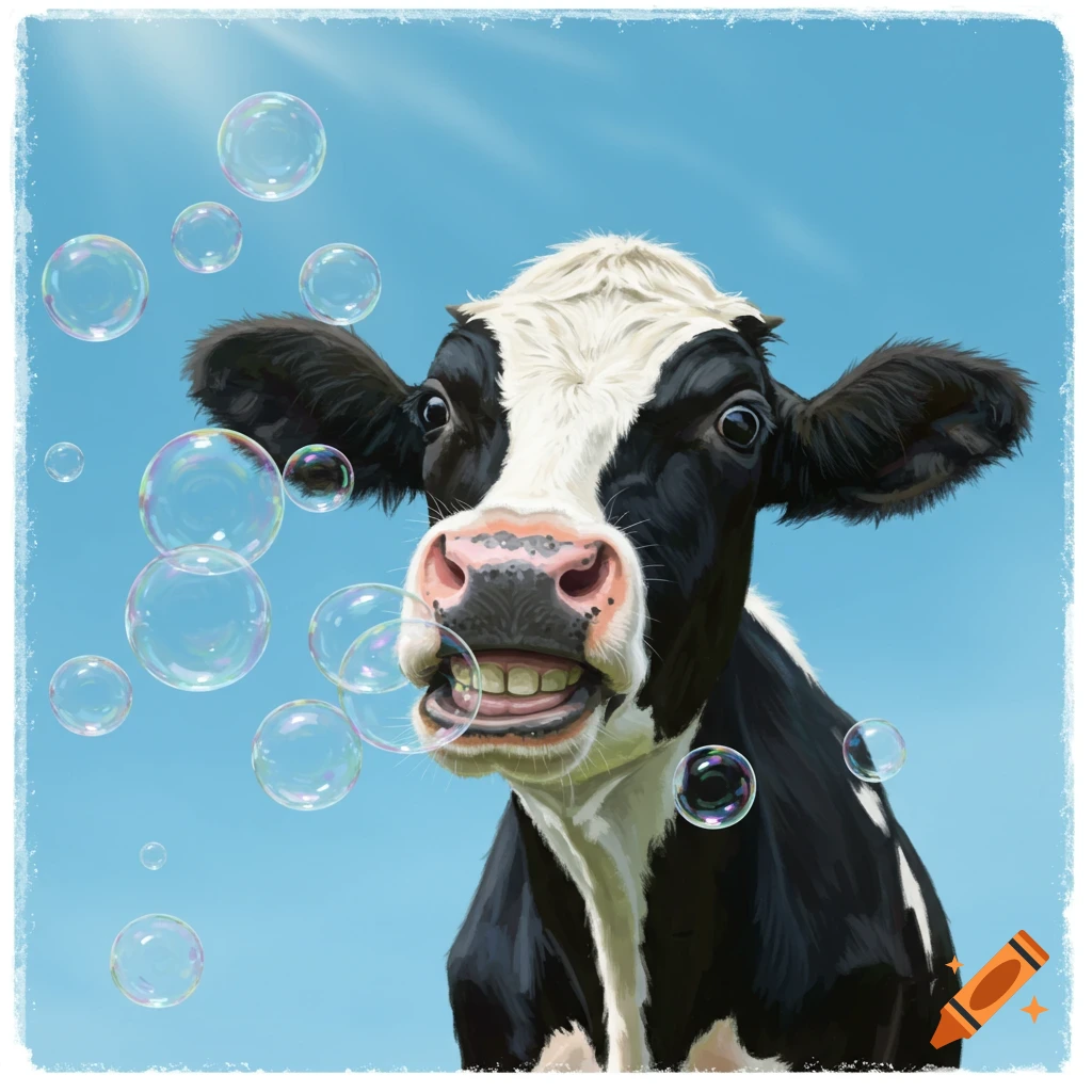 Close-up illustration of a black and white cow with a big smile and teeth showing, surrounded by clear bubbles against a blue sky.