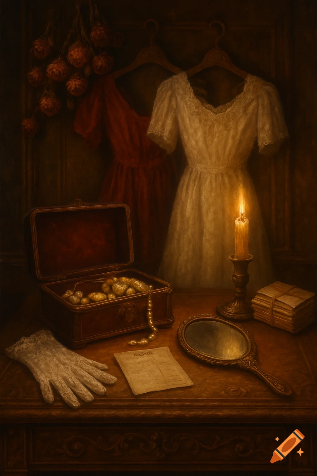 A moody antique dressing table lit by candlelight, displaying a jewelry box, lace gloves, a mirror, and stacked letters. Two vintage dresses and dried roses hang in the background.