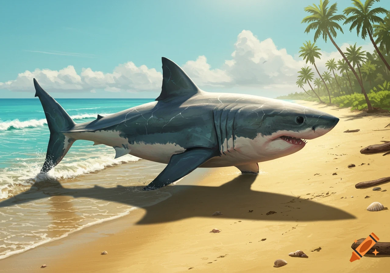 A great white shark is on a sandy beach next to the ocean under a blue sky with palm trees.