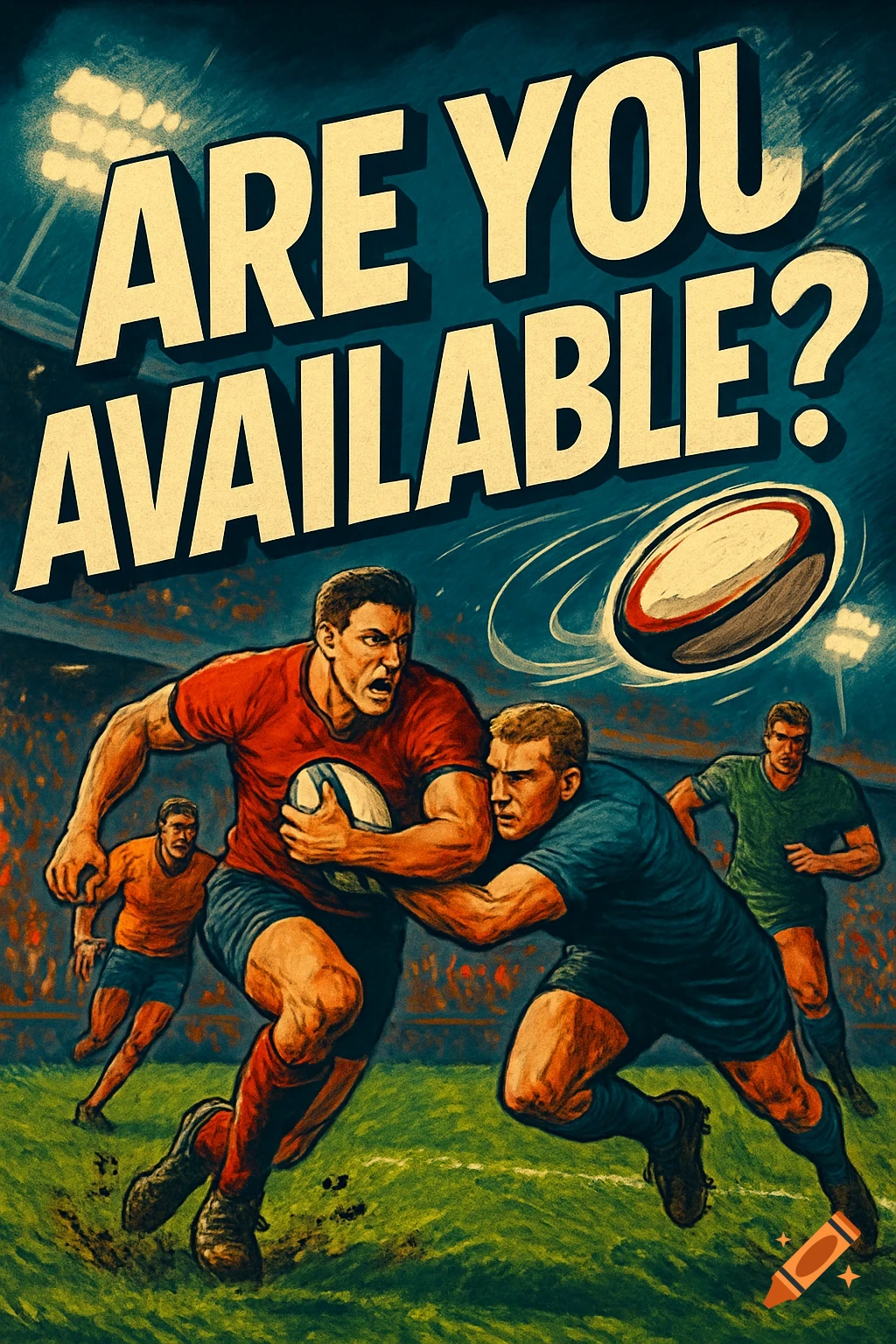 Retro poster of rugby players in action on a field, with text "ARE YOU AVAILABLE?" at the top and a rugby ball flying.