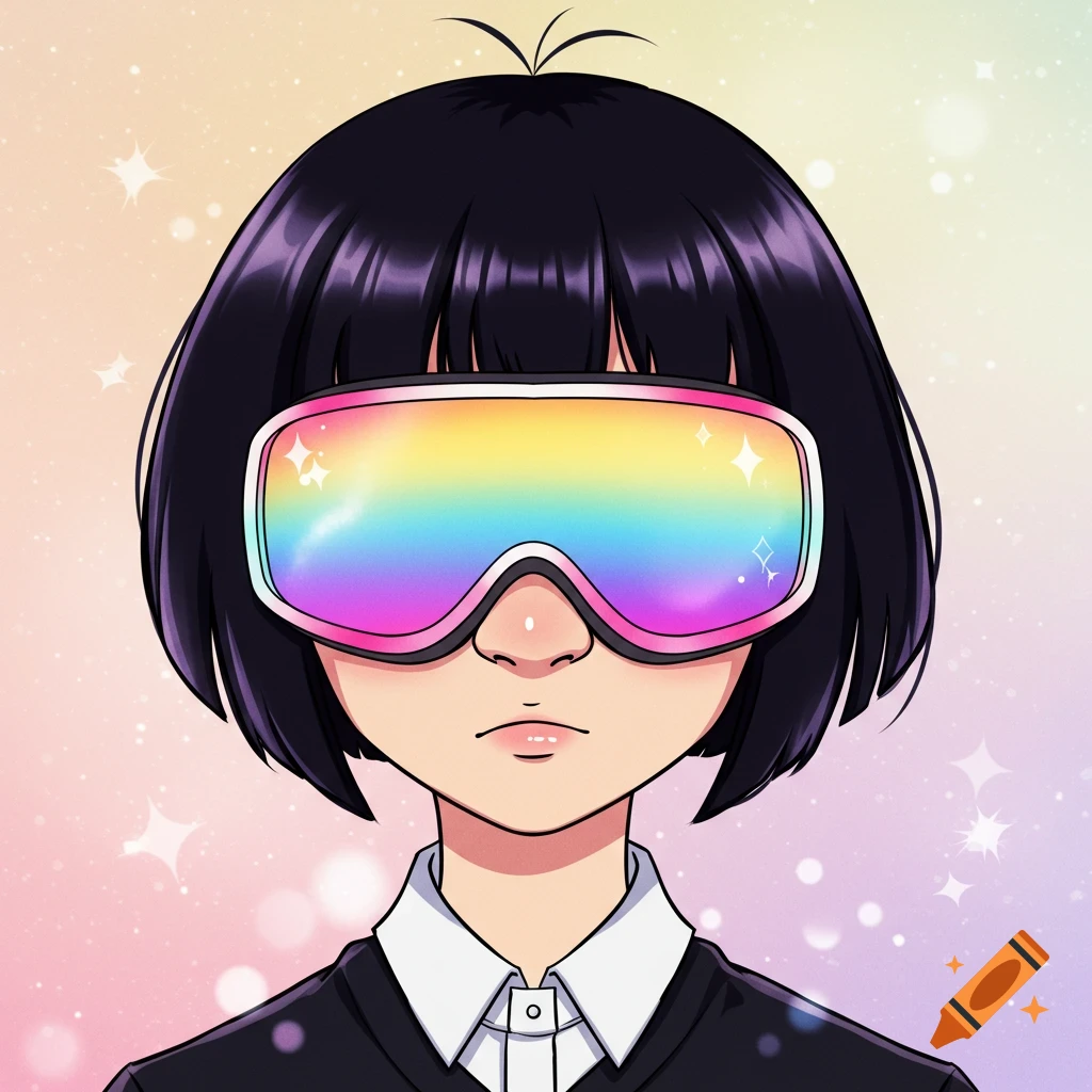 Anime-style portrait of a person with short black hair wearing rainbow ski goggles and a collared shirt.