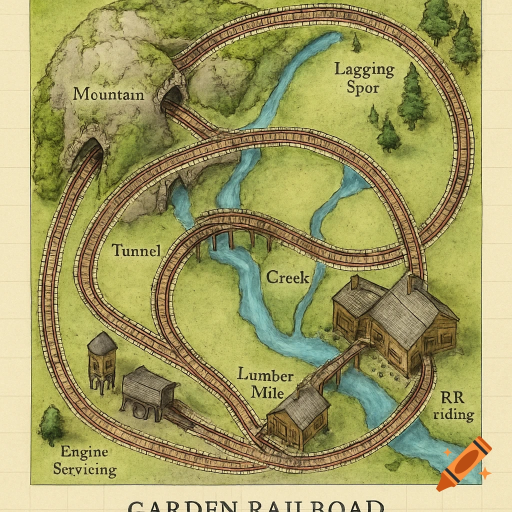 An overhead map of a garden railroad layout, featuring a mountain with tunnels, a creek with bridges, a lumber mill, and an engine servicing area.