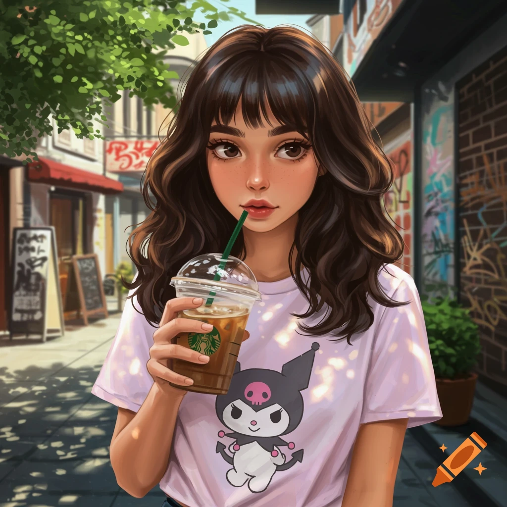 Illustrated woman with dark brown hair and bangs, wearing a Kuromi shirt, drinking iced coffee on an urban street.
