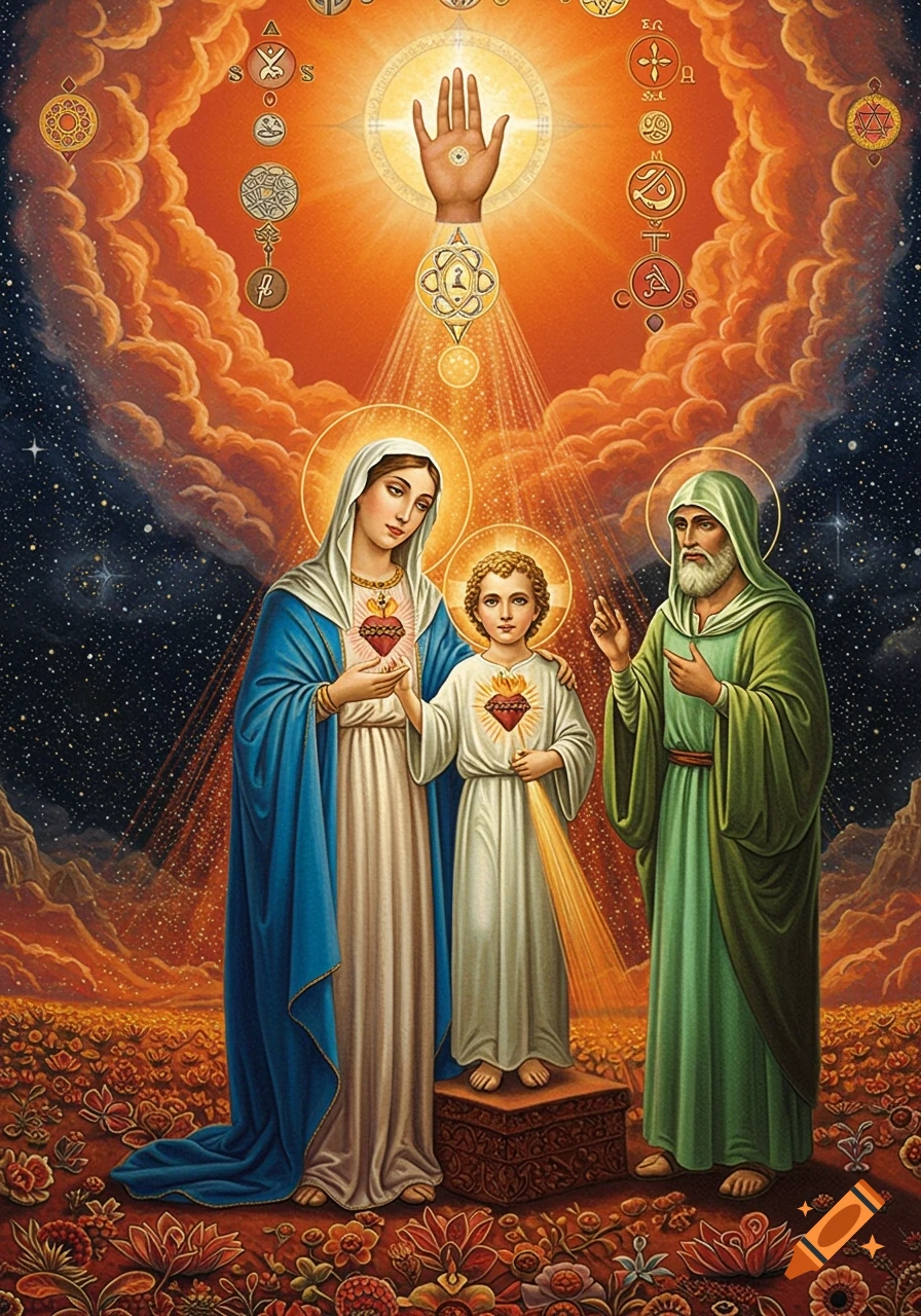 A vibrant, visionary painting depicts Mary, Jesus with Sacred Hearts, and Saint Joseph under a radiant divine hand and cosmic symbols, in the style of Alex Grey.