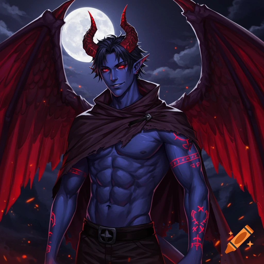 An anime-style demon with blue skin, red horns, red wings, and glowing red eyes, wearing a tattered cloak against a full moon.
