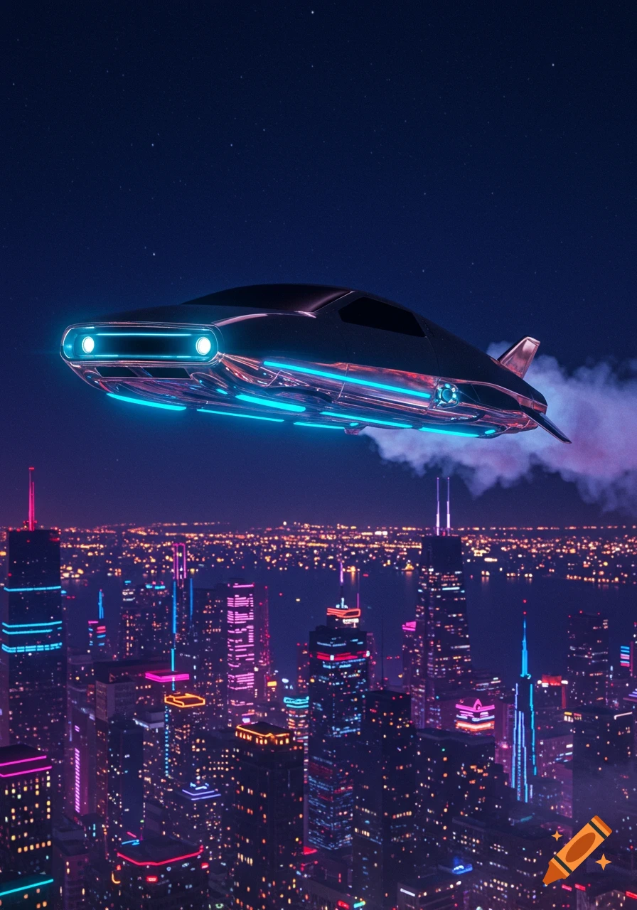 A sleek, futuristic flying car with blue neon lights hovers over a vibrant, neon-lit cityscape at night.