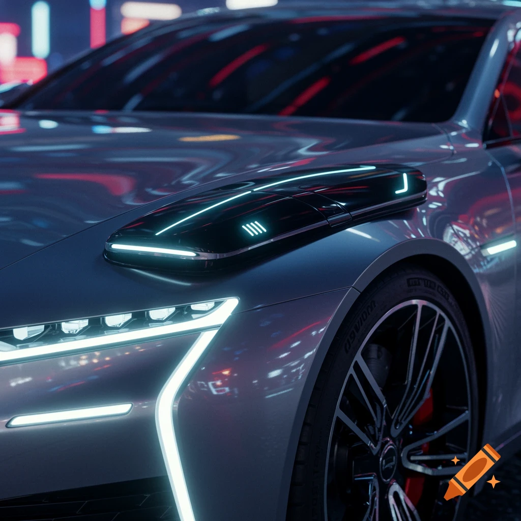 A photorealistic close-up of a futuristic silver car with glowing blue headlights and a sleek black pod on the hood, under neon lights.