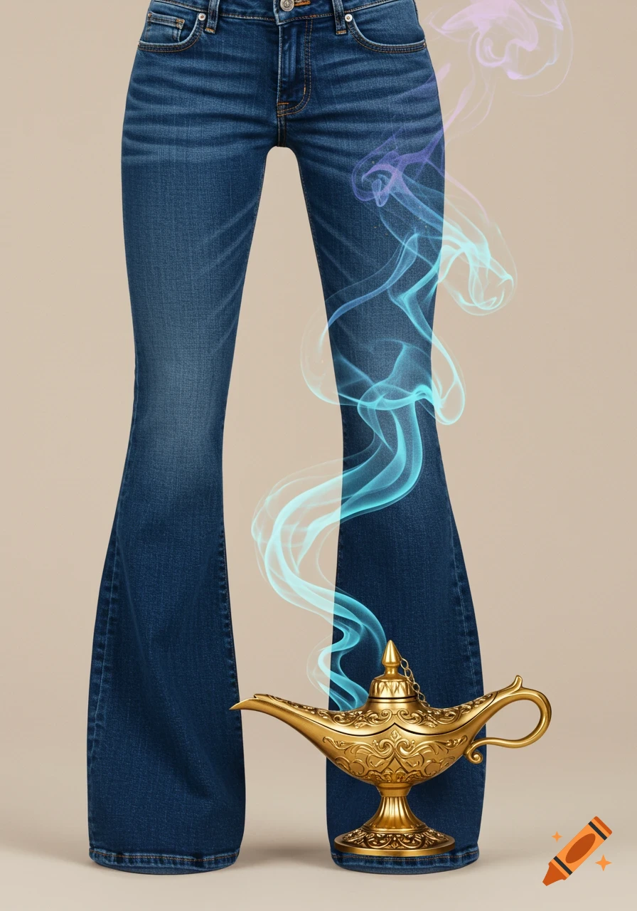 Photorealistic image of bootcut jeans with a golden genie lamp at the bottom and blue and purple smoke rising from it up the pants.