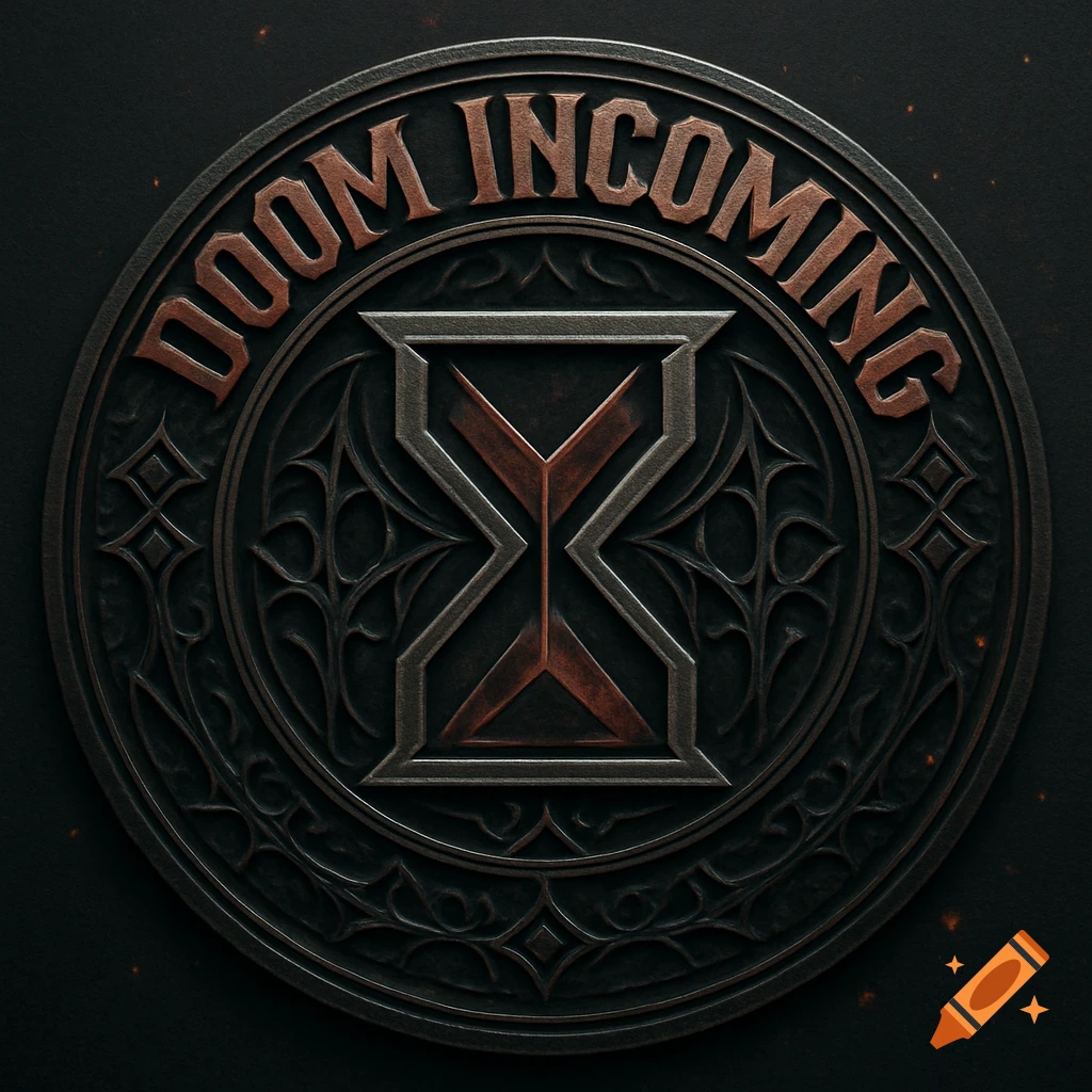 A dark, metallic round logo with the words 'DOOM INCOMING' embossed in a circular pattern around an hourglass-like symbol.