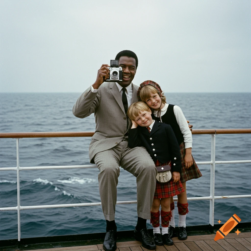 1960s photo of a man in a suit with a vintage camera sitting on a ship's railing, smiling with two children next to him, at sea.