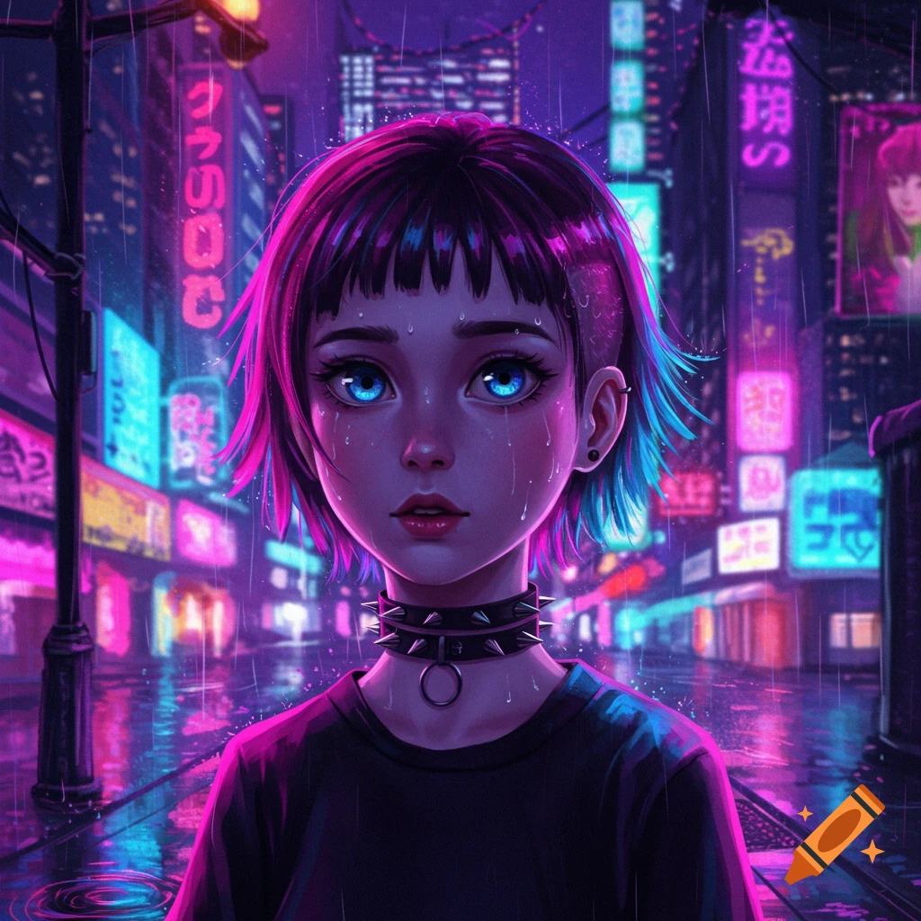 An anime girl with blue eyes and pink hair wears a spiked choker in a rainy cyberpunk city.