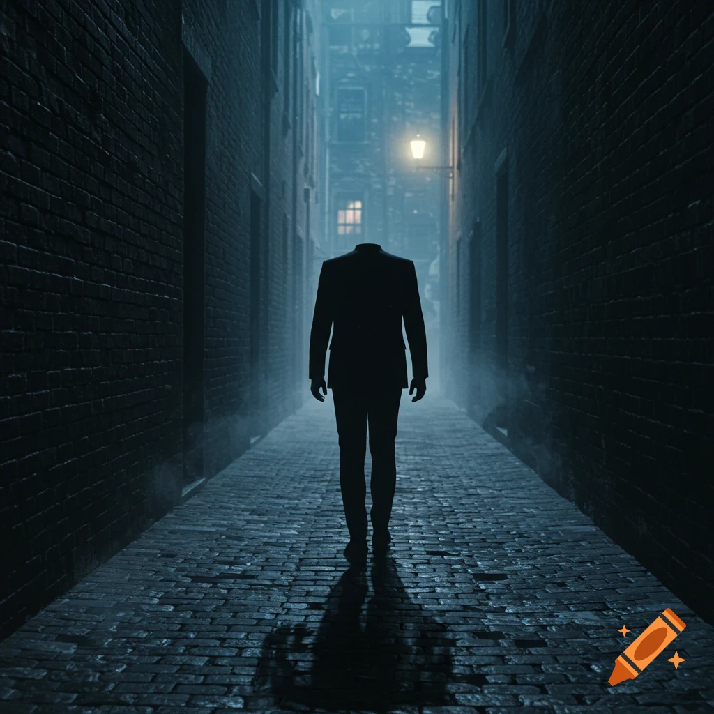 A shadowy headless man in a dark suit walks down a wet, foggy cobblestone alley at night, lit by a single streetlamp.