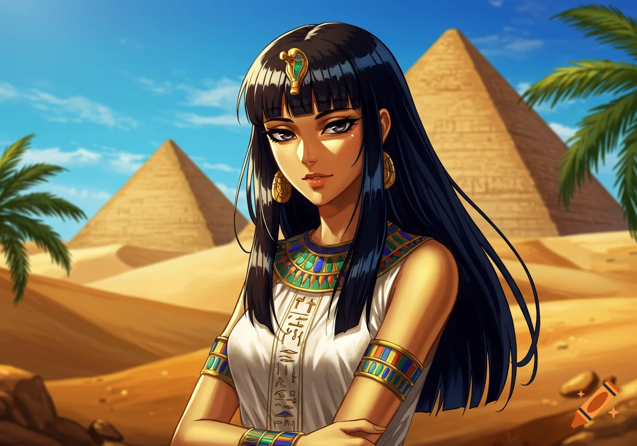 Anime-style portrait of an Egyptian woman with dark hair and a gold and blue headdress, wearing a white dress with hieroglyph-like patterns and colorful armbands, standing in a desert with pyramids under a blue sky.