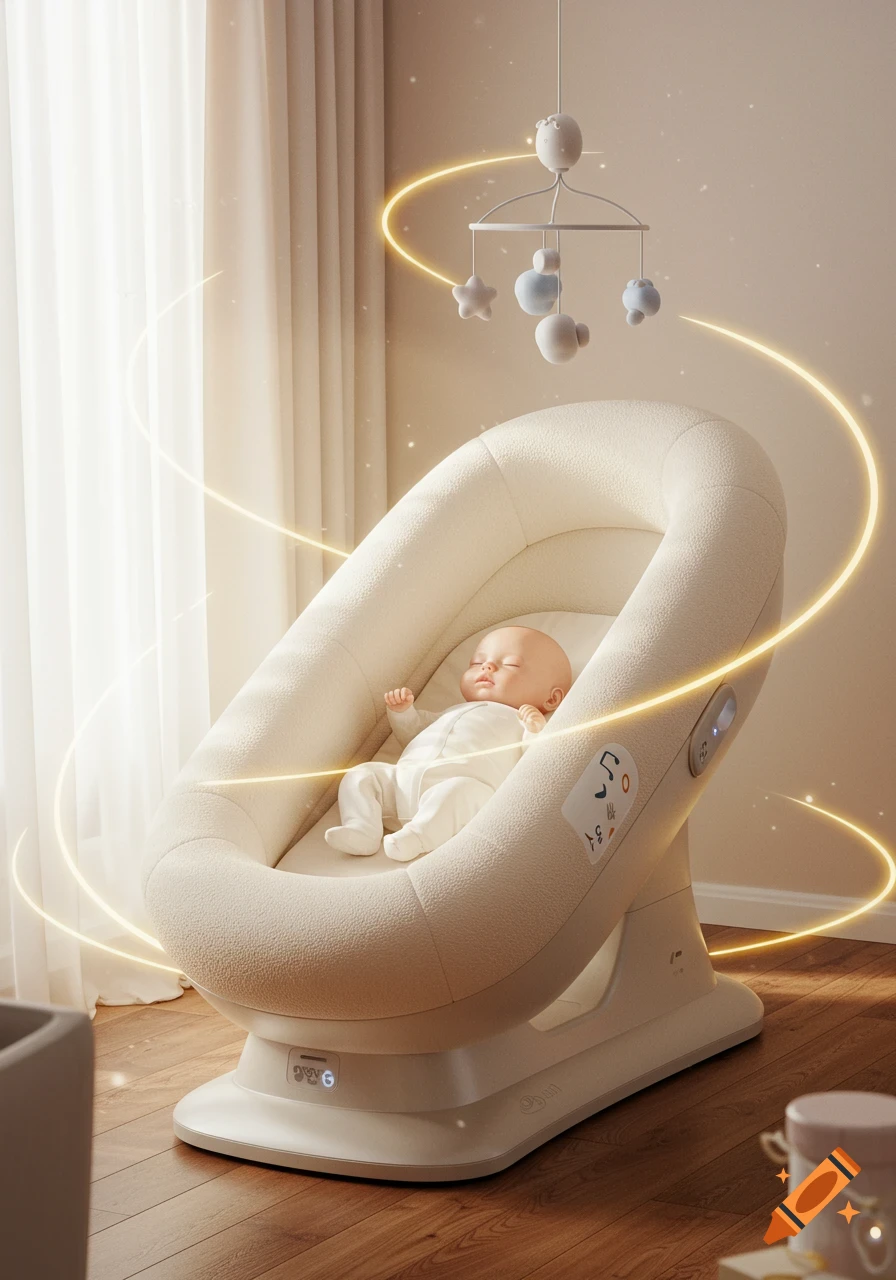 A photorealistic image of a sleeping baby in a cream-colored sleeping pod with glowing light trails in a sunlit nursery.